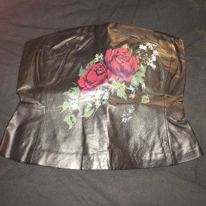 Newport News Floral Print  Black Leather Bustier